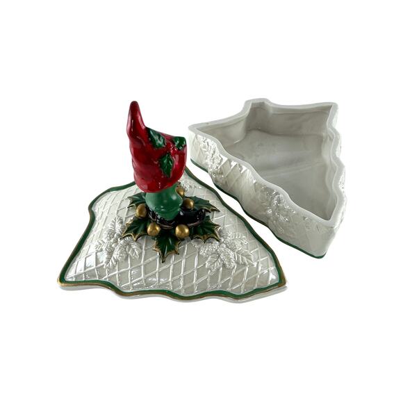 Vintage Hand Painted Cracker Barrel Christmas Tree Candy Trinket Dish With Pixie - Picture 4 of 16